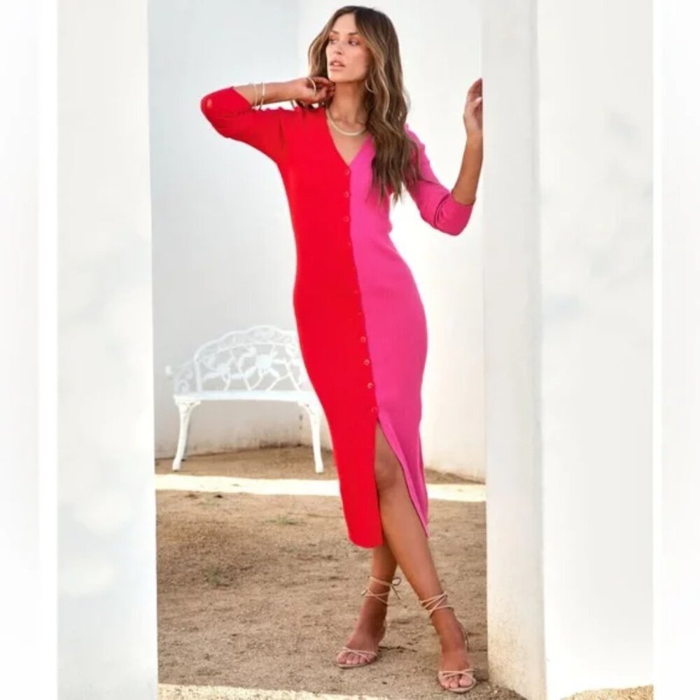 Sassy Pink Red Ribbed Colorblock Button Up Midi Dress - Picture 2 of 7